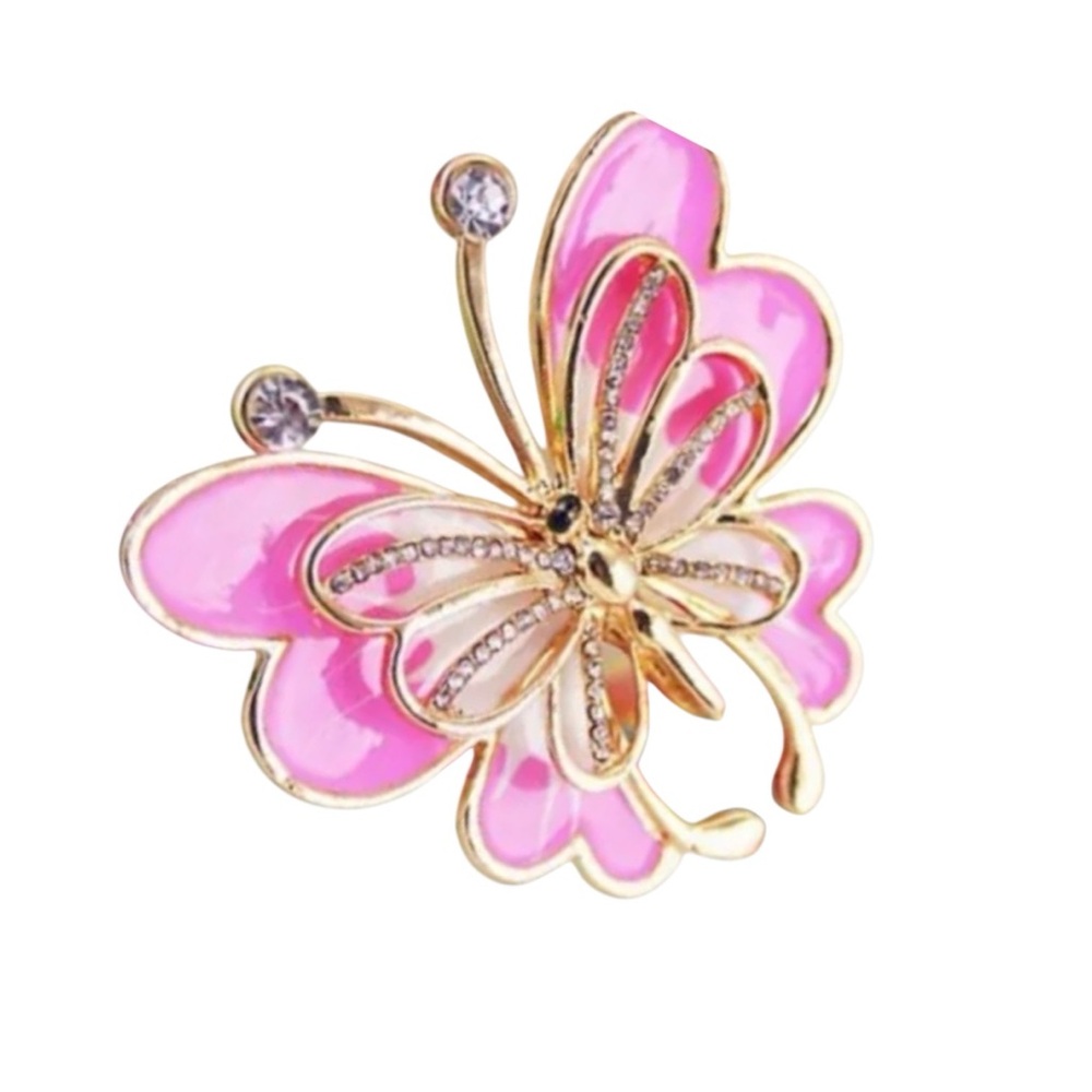 Butterfly Pink, White, & Gold Enamel & Crystal Necklace
